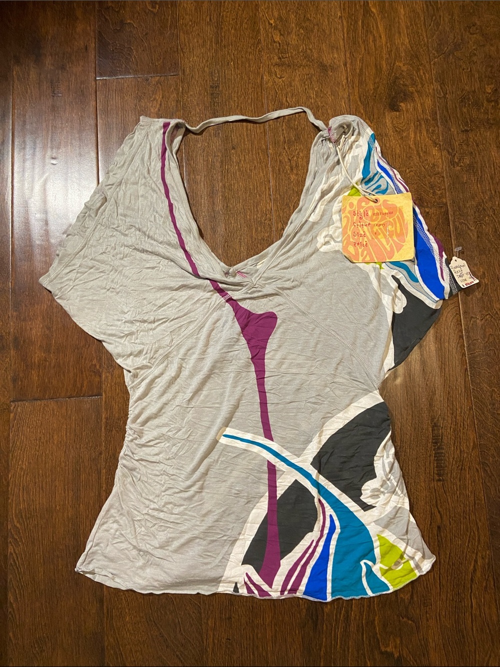Women’s Abstract Print V-Neck Blouse in Light Gray and Blue